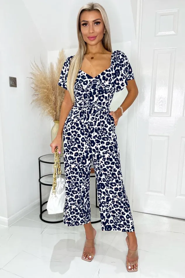 AX Paris Jumpsuits And Playsuits Cream Pink And Navy Animal Print Short Sleeve Tie Front Jumpsuit