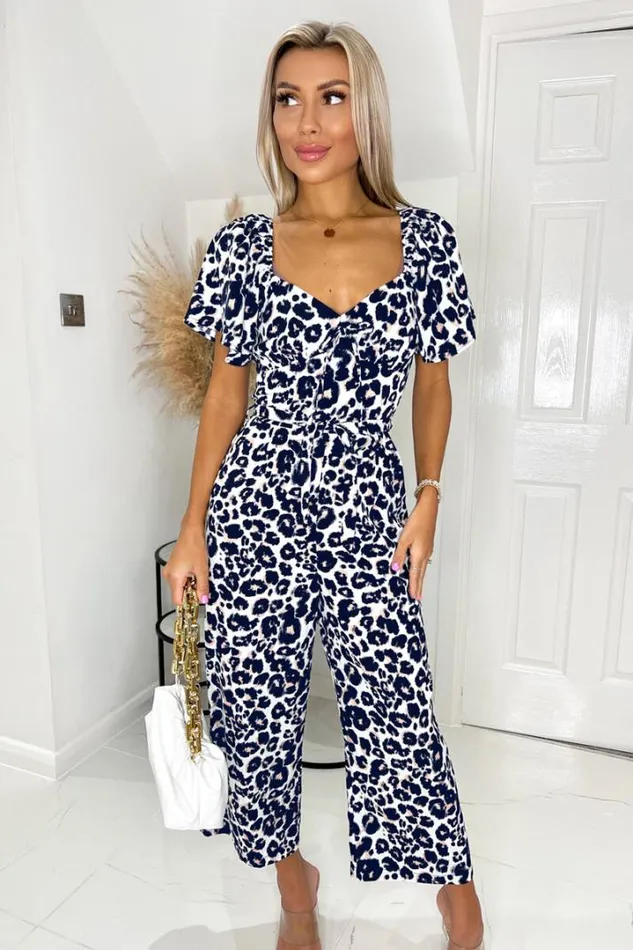 AX Paris Jumpsuits And Playsuits Cream Pink And Navy Animal Print Short Sleeve Tie Front Jumpsuit