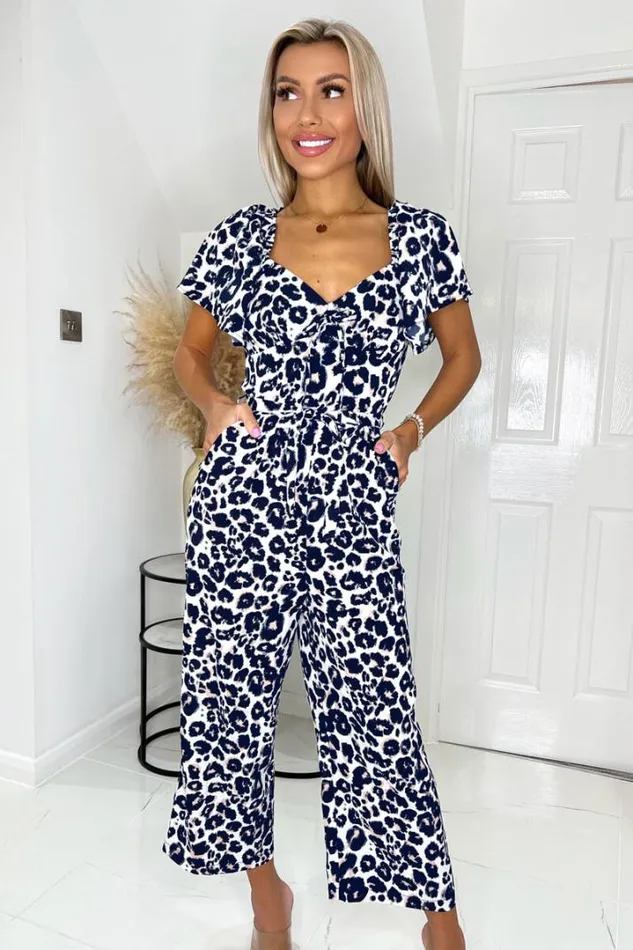 AX Paris Jumpsuits And Playsuits Cream Pink And Navy Animal Print Short Sleeve Tie Front Jumpsuit