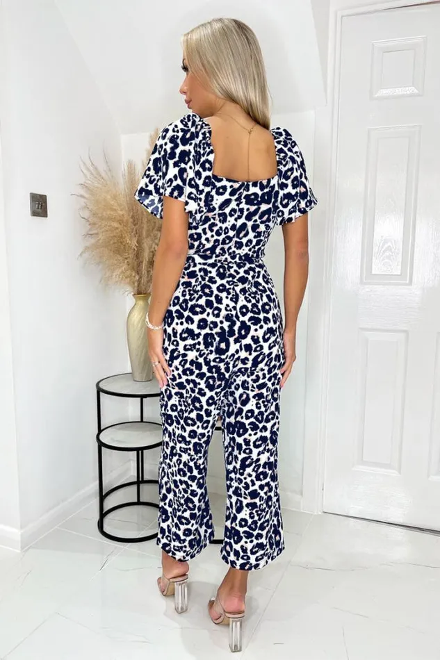 AX Paris Jumpsuits And Playsuits Cream Pink And Navy Animal Print Short Sleeve Tie Front Jumpsuit