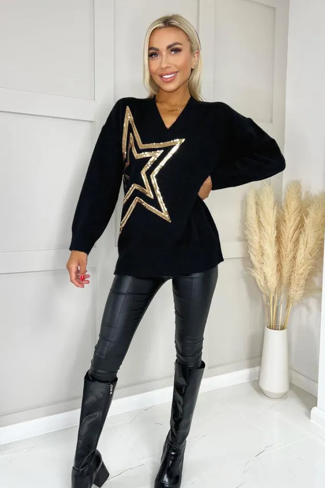 AX Paris Knitwear Black VNeck Gold Sequin Star Knit Jumper