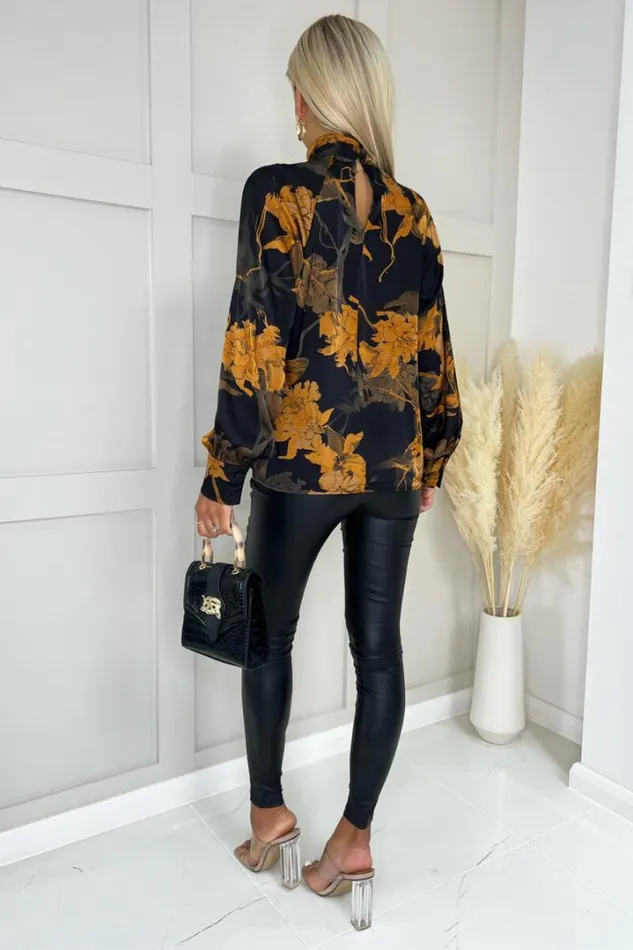 AX Paris Tops Black Floral Pleated High Neck Top