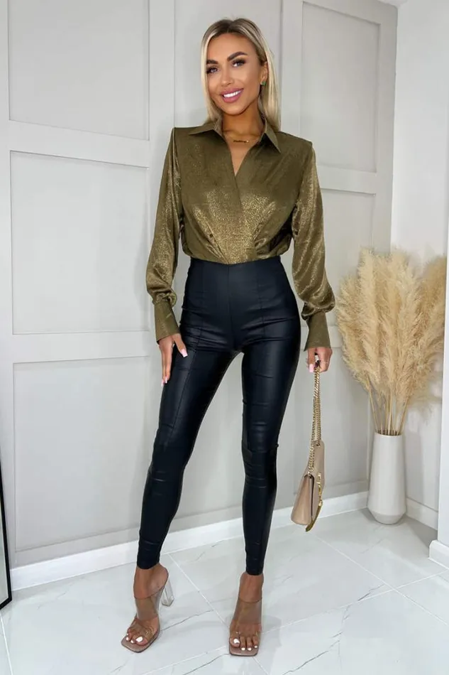 AX Paris Tops Olive And Gold Wrap Shirt Bodysuit