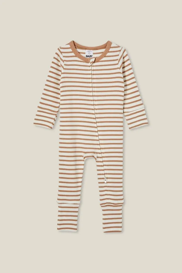 Baby Rompers and Bubbysuits Cotton On The Billie Long Sleeve Rib Romper Taupy Brownvanilla Stripe Baby Rompers and Bubbysuits Cotton On The Billie Long Sleeve Rib Romper Taupy Brownvanilla Stripe