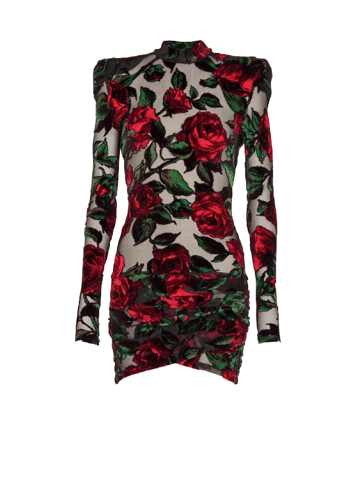 Balmain Dresses Women Burnout Velvet Dress With Rose Print Red