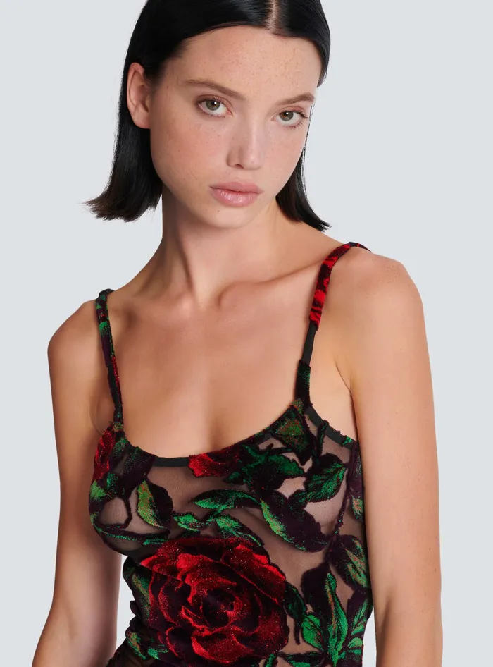 Balmain Dresses Women Burnout Velvet Dress With Rose Print Red