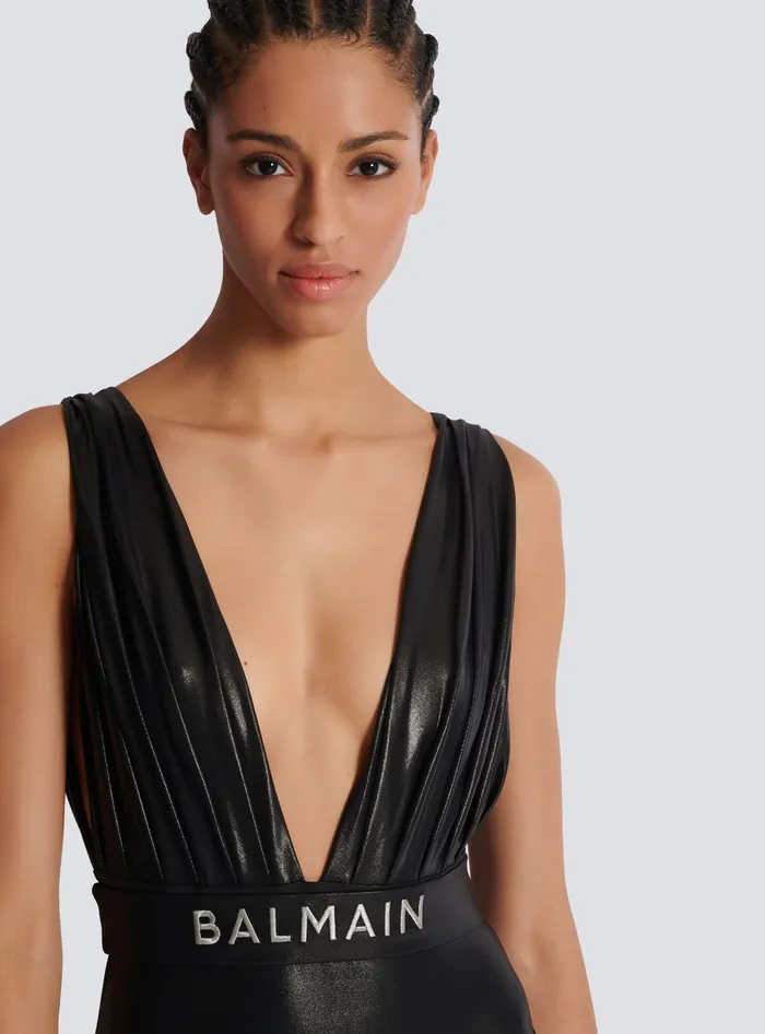 Balmain Swimwear Women Draped Onepiece Swimsuit With Belt Black