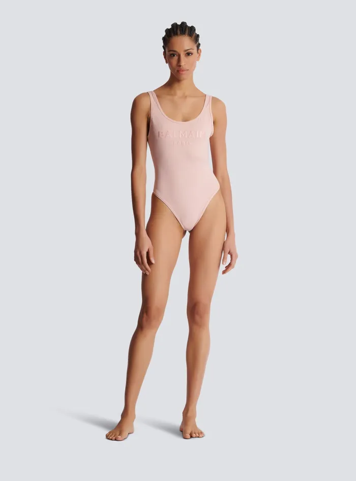 Balmain Swimwear Women Onepiece Swimsuit With Paris Embroidery Pink