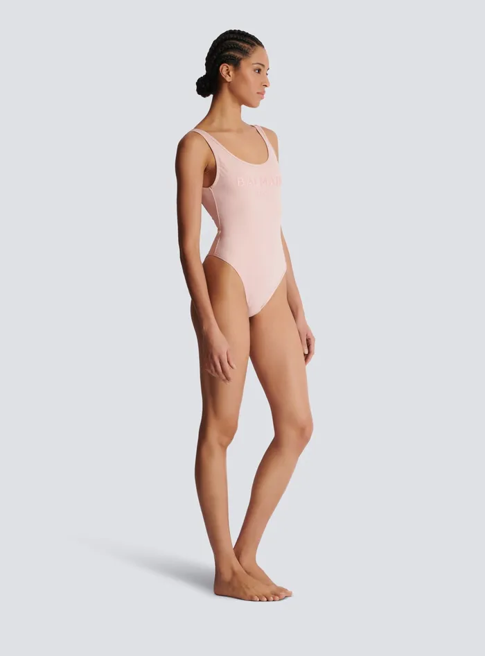 Balmain Swimwear Women Onepiece Swimsuit With Paris Embroidery Pink