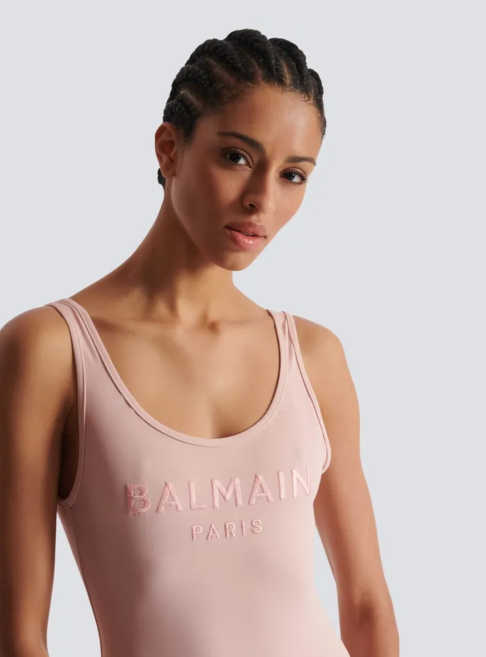 Balmain Swimwear Women Onepiece Swimsuit With Paris Embroidery Pink