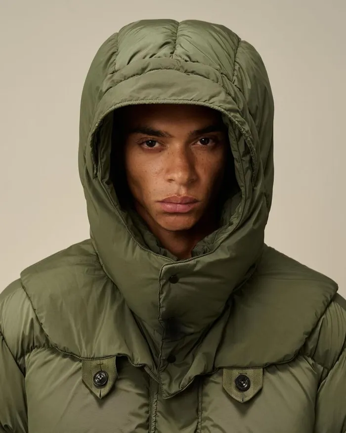 CP Company Jacket and Coats NycraR Buttoned Hood Long Down Jacket Grape Leaf Green 8211 Man
