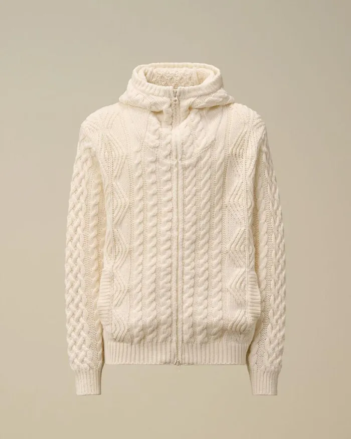 CP Company Jumpers Lambswool Hooded Zipped Logo Knit Gauze White 8211 Man