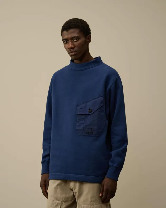 CP Company Sweatshirts Diagonal Fleece Mixed Funnel Neck Sweatshirt Estate Blue 8211 Man