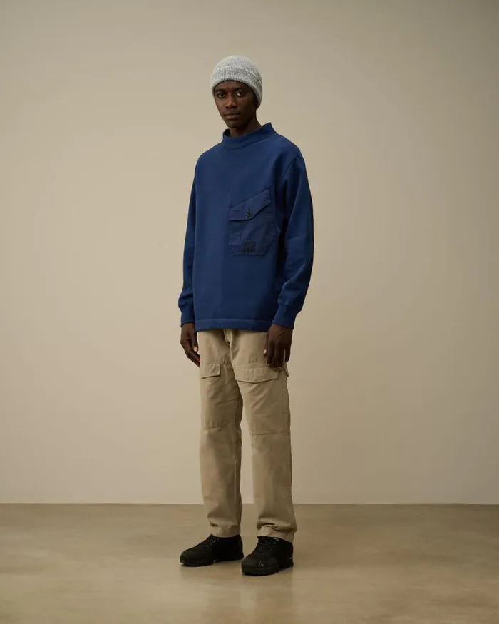 CP Company Sweatshirts Diagonal Fleece Mixed Funnel Neck Sweatshirt Estate Blue 8211 Man