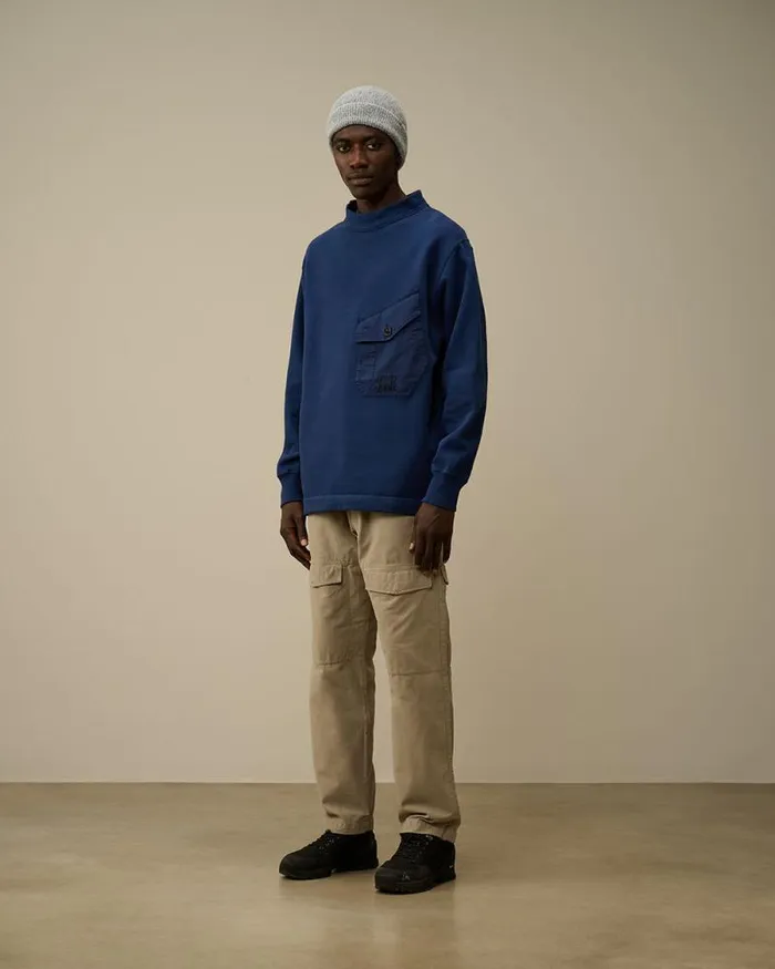 CP Company Sweatshirts Diagonal Fleece Mixed Funnel Neck Sweatshirt Estate Blue 8211 Man
