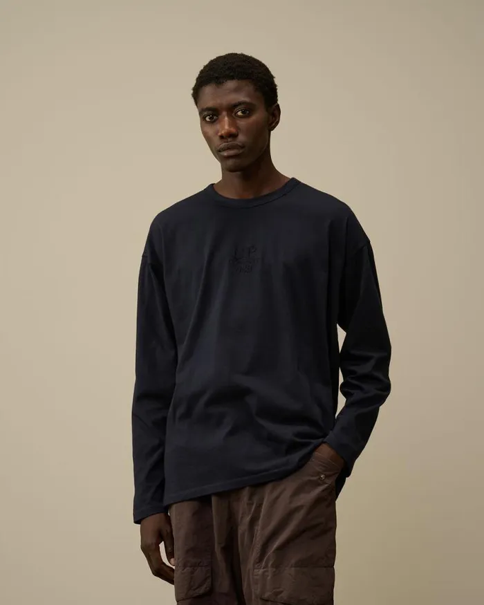 CP Company Tshirts and Polo 201 Jersey Boxy Longsleeve Logo TShirt Total Eclipse Blue 8211 Man