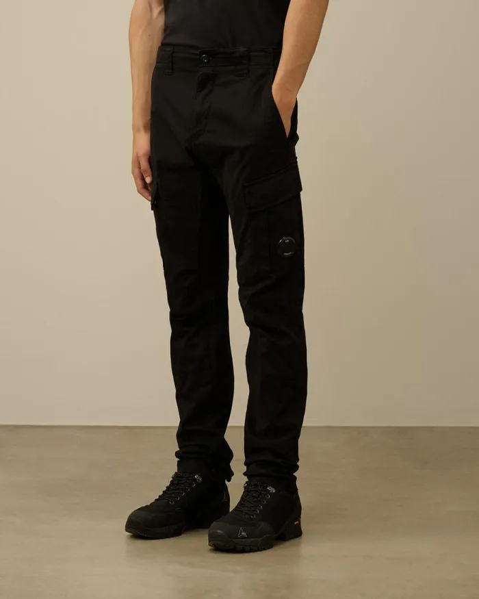 CP Company Trousers Stretch Sateen Ergonomic Lens Double Cargo Pants Black 8211 Man