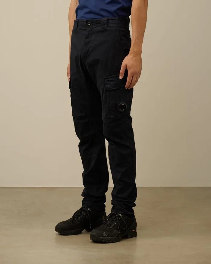 CP Company Trousers Stretch Sateen Ergonomic Lens Double Cargo Pants Total Eclipse Blue 8211 Man