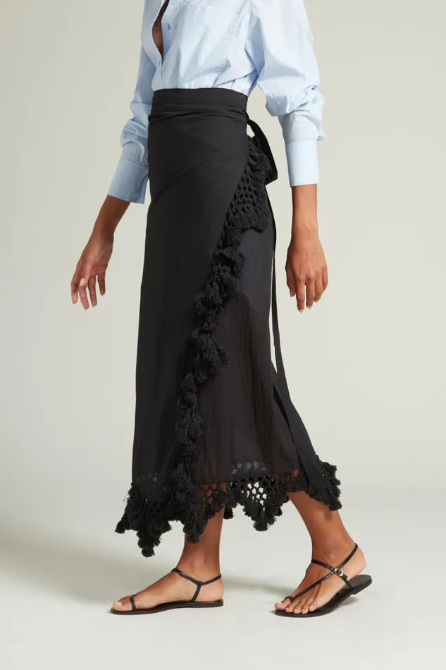 Chan Luu Bottoms Women Capri Crocheted Wrap Skirt Caviar