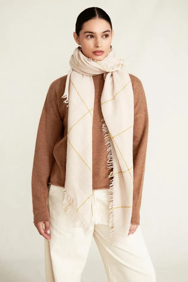 Chan Luu Scarves Women 100 Cashmere Scarf Golden Olive Windowpane