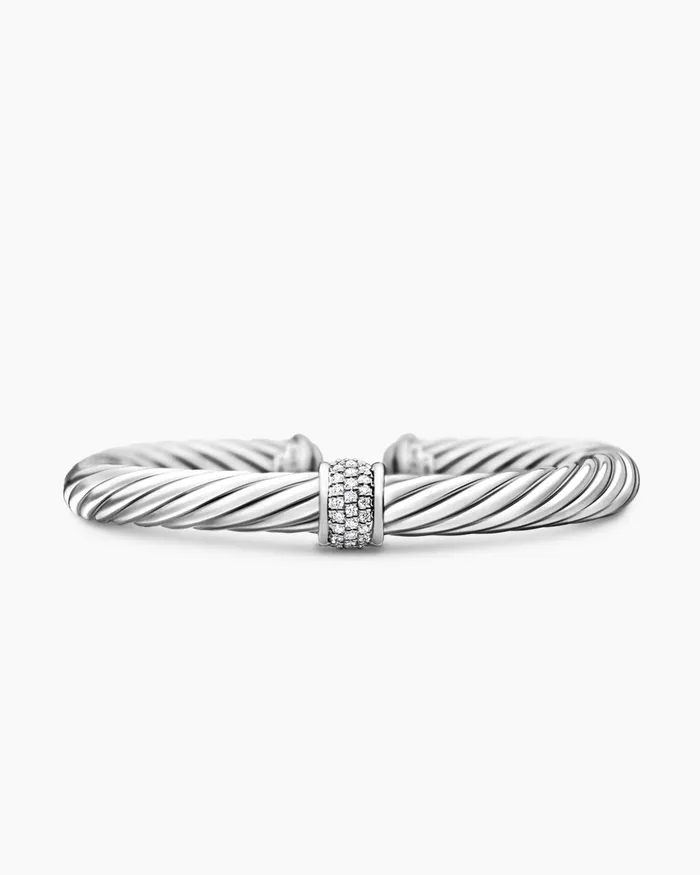 Classic Cable Station Bracelet In Sterling Silver With Pav 7mm Women David Yurman Cuff Classic Cable Station Bracelet In Sterling Silver With Pav 7mm Women David Yurman Cuff