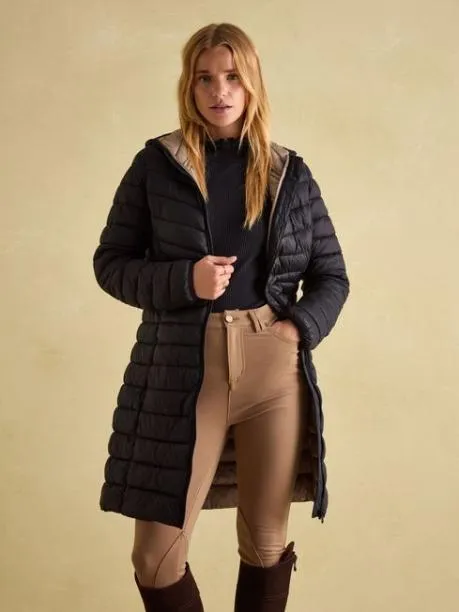 Coats and Jackets Women Joules Black Showerproof Long Padded Coat With Hood
