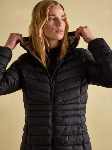 Coats and Jackets Women Joules Black Showerproof Long Padded Coat With Hood
