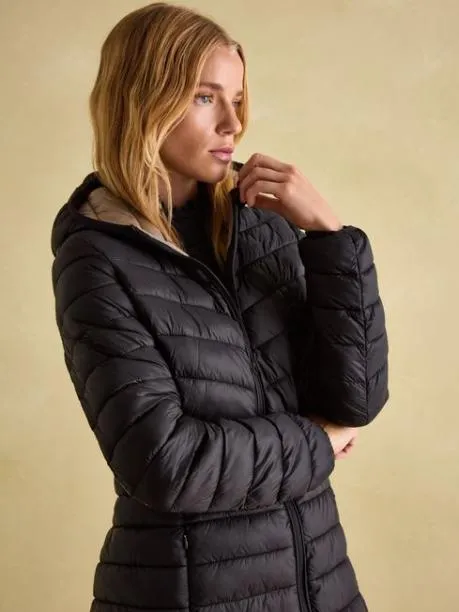 Coats and Jackets Women Joules Black Showerproof Long Padded Coat With Hood