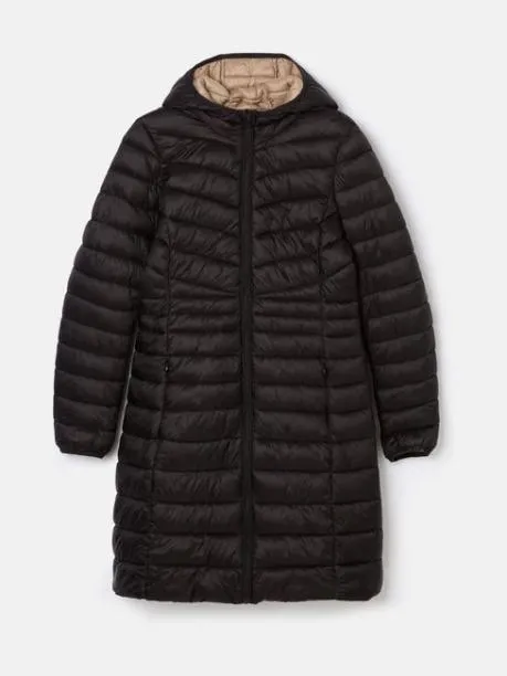 Coats and Jackets Women Joules Black Showerproof Long Padded Coat With Hood