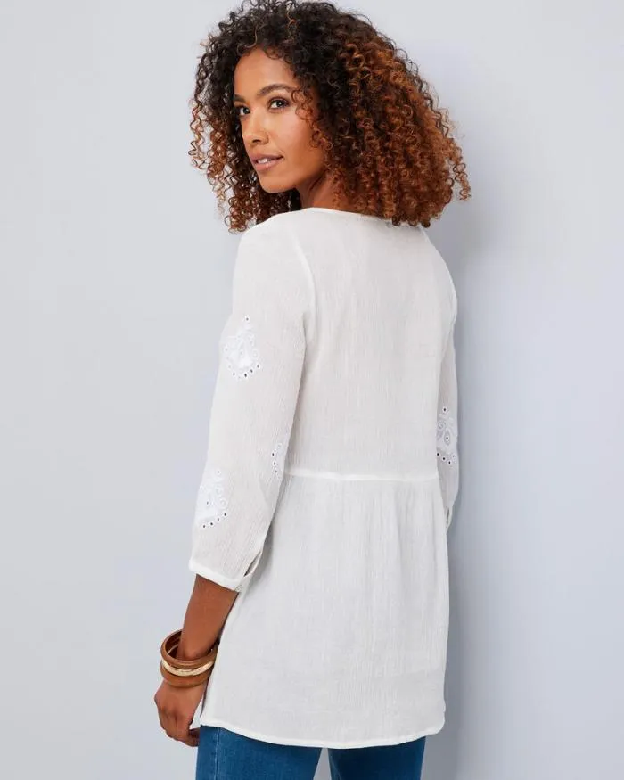 Cotton Traders Shirts and Blouses Everly Embroidered Sleeve Crinkle Tunic 8211 Women