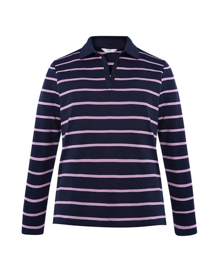 Cotton Traders Tops and TShirts Wrinkle Free Long Sleeve Stripe Jersey Polo Shirt 8211 Women