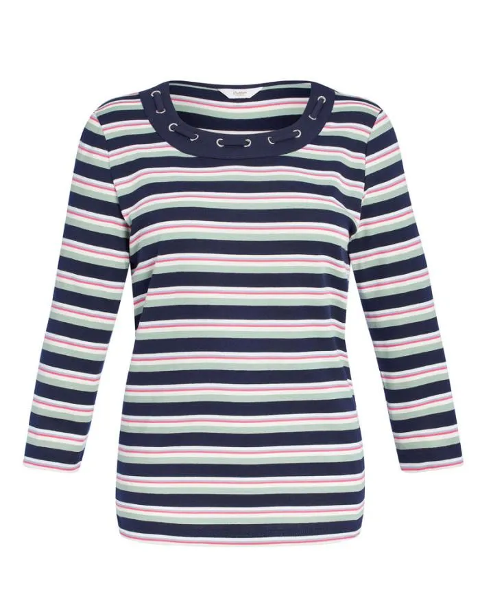 Cotton Traders Tops and TShirts Wrinkle Free Sleeve Eyelet Stripe Jersey Top 8211 Women