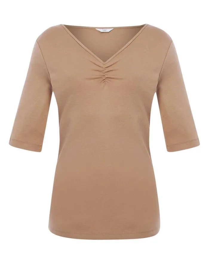 Cotton Traders Tops and TShirts Wrinkle Free Sleeve Gathered VNeck Jersey TShirt 8211 Women