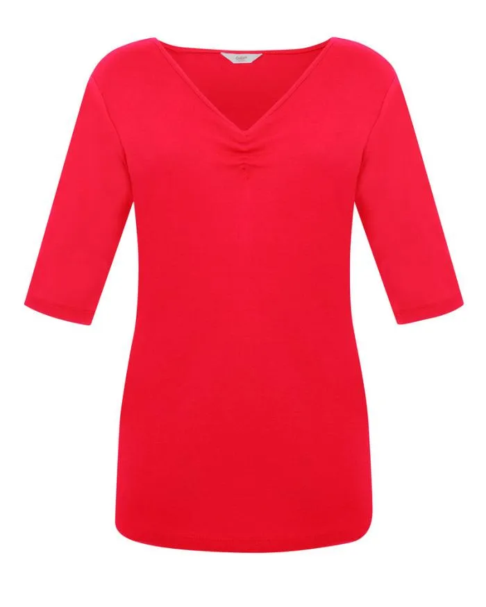Cotton Traders Tops and TShirts Wrinkle Free Sleeve Gathered VNeck Jersey TShirt 8211 Women