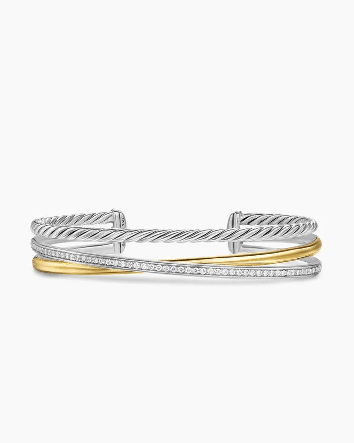 Crossover Three Row Bracelet In Sterling Silver With 18K Yellow Gold And Diamonds 11mm Women David Yurman Cuff Crossover Three Row Bracelet In Sterling Silver With 18K Yellow Gold And Diamonds 11mm Women David Yurman Cuff