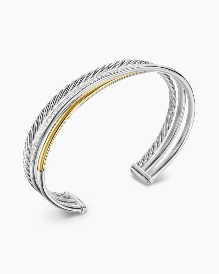 Crossover Three Row Bracelet In Sterling Silver With 18K Yellow Gold And Diamonds 11mm Women David Yurman Cuff Crossover Three Row Bracelet In Sterling Silver With 18K Yellow Gold And Diamonds 11mm Women David Yurman Cuff