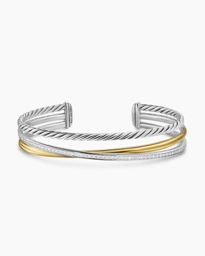 Crossover Three Row Bracelet In Sterling Silver With 18K Yellow Gold And Diamonds 11mm Women David Yurman Cuff Crossover Three Row Bracelet In Sterling Silver With 18K Yellow Gold And Diamonds 11mm Women David Yurman Cuff