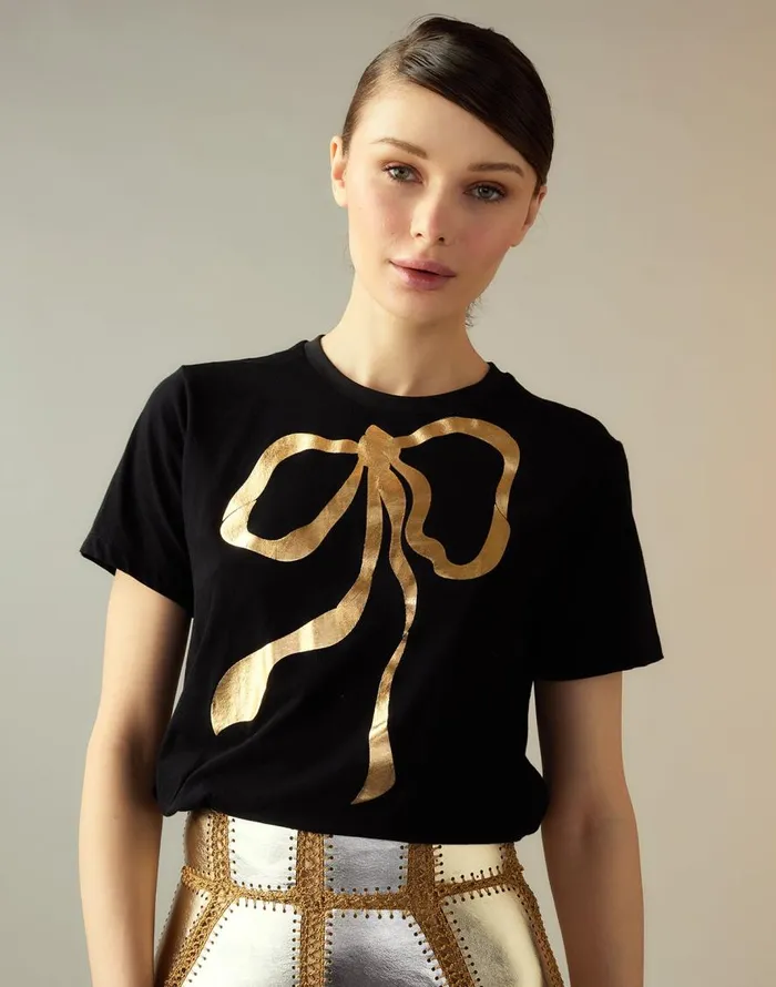 Cynthia Rowley Metallic Bow Tee Women Tops