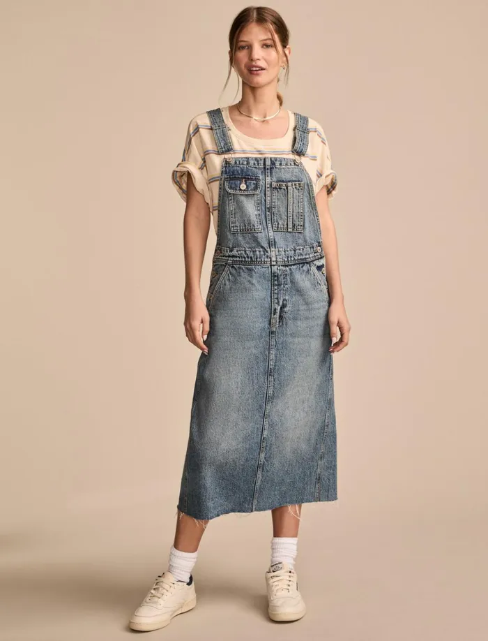 Denim Overall Midi Dress Electrified Wash Women Lucky Brand Jumpsuits and Overalls
