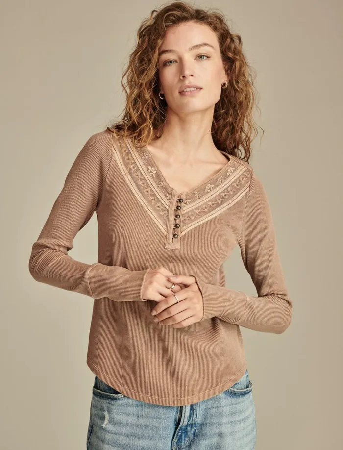 Embroidered Mesh Yoke Henley Raw Umber Women Lucky Brand Knit Tops