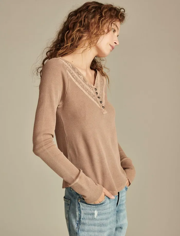 Embroidered Mesh Yoke Henley Raw Umber Women Lucky Brand Knit Tops