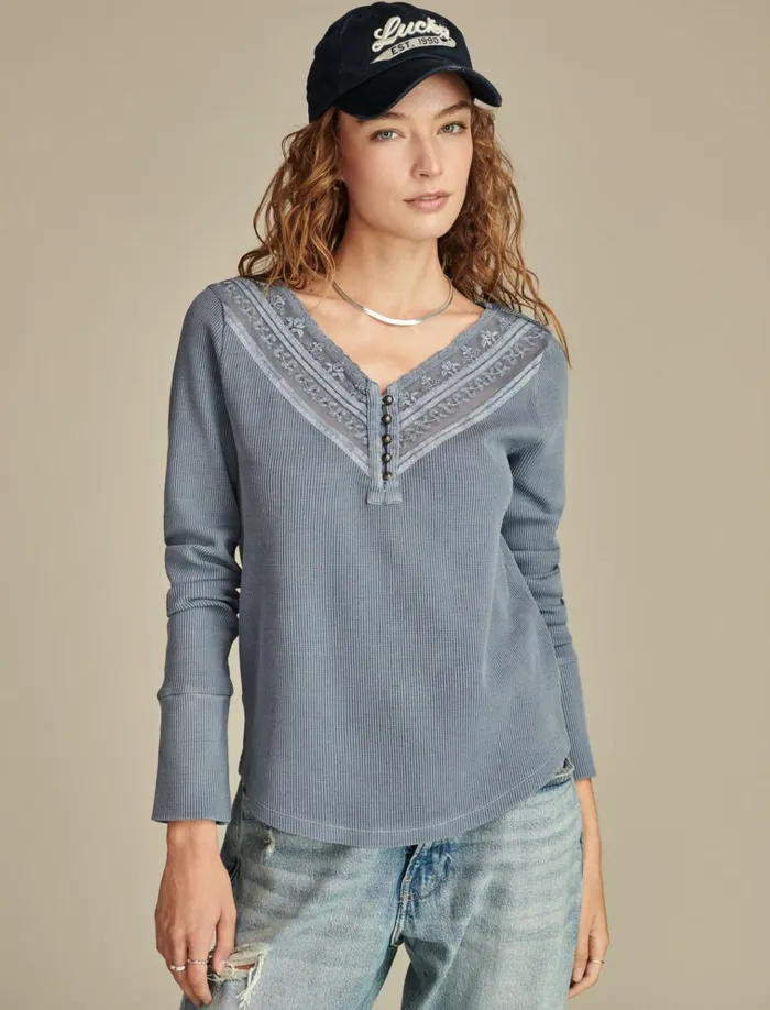 Embroidered Mesh Yoke Henley Stonewash Women Lucky Brand Knit Tops