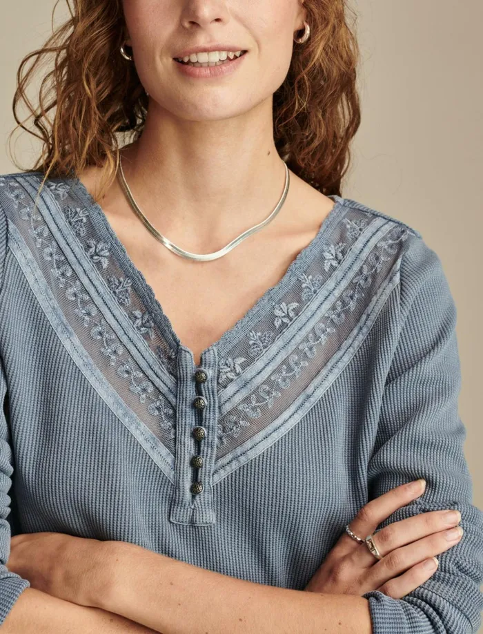 Embroidered Mesh Yoke Henley Stonewash Women Lucky Brand Knit Tops