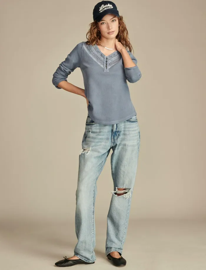 Embroidered Mesh Yoke Henley Stonewash Women Lucky Brand Knit Tops