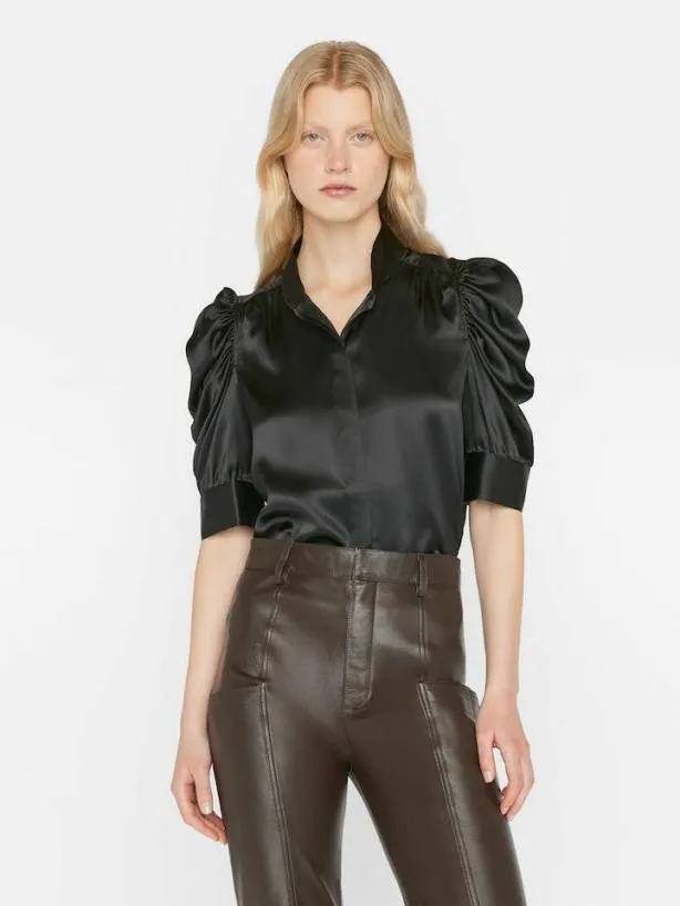 Frame Gillian Top In Glossy Noir Noir Women Tops and Blouses