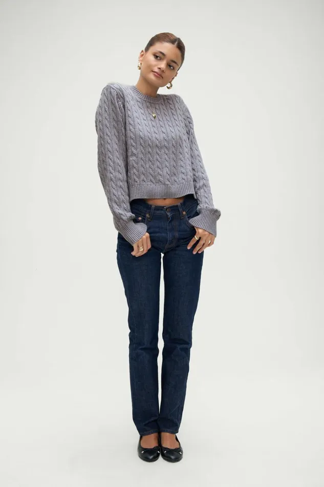 Frankies Bikinis Varsity Cable Knit Sweater Rain Cloud Women Cloud Knits