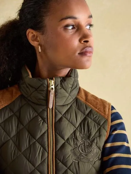 Gilets Women Joules Khaki Green Showerproof Diamond Quilted Gilet