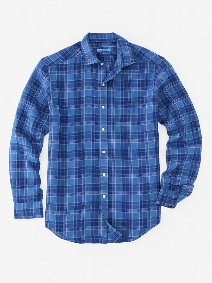 JMclaughlin Gramercy Classic Fit Linen Shirt In Plaid Navychambray Men Shirts JMclaughlin Gramercy Classic Fit Linen Shirt In Plaid Navychambray Men Shirts