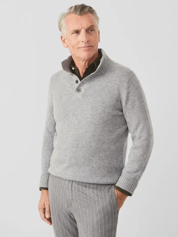JMclaughlin Mock Neck Cashmere Henley Sweater Light Heather Gray Men Sweaters JMclaughlin Mock Neck Cashmere Henley Sweater Light Heather Gray Men Sweaters