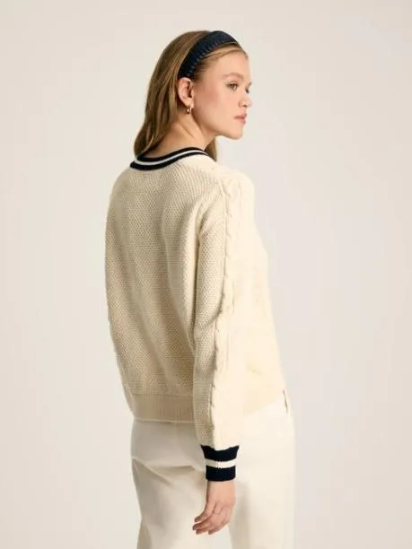 Jumpers and Knitwear Women Joules Cream and Navy Button Through Cable Knit Cardigan